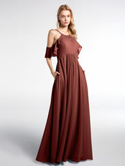 Cold-Shoulder Chiffon Empire Gown with Pockets Terracotta