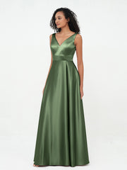 A-line V-neck Long Satin Dresses with Pockets Olive Green