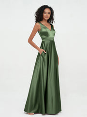 A-line V-neck Long Satin Dresses with Pockets Olive Green