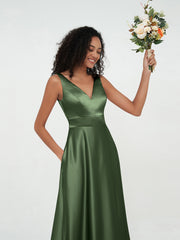 A-line V-neck Long Satin Dresses with Pockets Olive Green