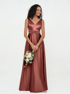 A-line V-neck Long Satin Dresses with Pockets Terracotta