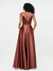 A-line V-neck Long Satin Dresses with Pockets Terracotta