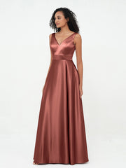 A-line V-neck Long Satin Dresses with Pockets Terracotta