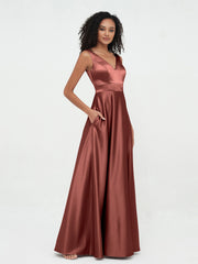 A-line V-neck Long Satin Dresses with Pockets Terracotta