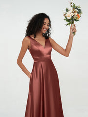 A-line V-neck Long Satin Dresses with Pockets Terracotta