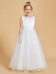 Elegant Satin Flower Girl Dresses with Tulle Overlay and Open Back Design