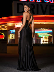 Spaghetti Straps Sweep Train Mermaid Satin Prom Dresses Black Plus Size