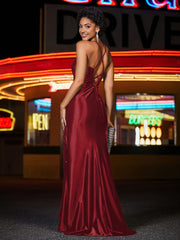 Spaghetti Straps Sweep Train Mermaid Satin Prom Dresses Burgundy