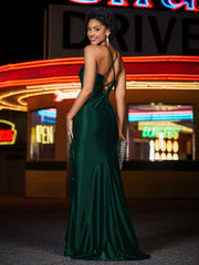 Spaghetti Straps Sweep Train Mermaid Satin Prom Dresses Dark Green