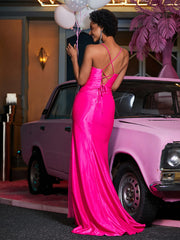 Spaghetti Straps Sweep Train Mermaid Satin Prom Dresses Hot Pink Plus Size