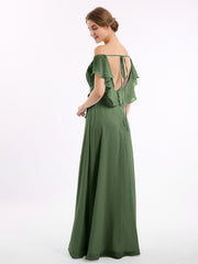 Chiffon Bridesmaid Gown with Slit and Cap Sleeves Olive Green