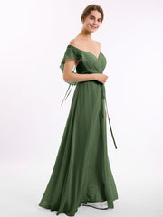 Chiffon Bridesmaid Gown with Slit and Cap Sleeves Olive Green