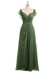 Chiffon Bridesmaid Gown with Slit and Cap Sleeves Olive Green
