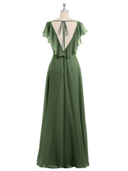 Chiffon Bridesmaid Gown with Slit and Cap Sleeves Olive Green