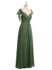 Chiffon Bridesmaid Gown with Slit and Cap Sleeves Olive Green