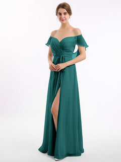 Chiffon Bridesmaid Gown with Slit and Cap Sleeves Peacock