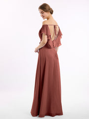 Chiffon Bridesmaid Gown with Slit and Cap Sleeves Terracotta