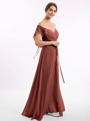 Chiffon Bridesmaid Gown with Slit and Cap Sleeves Terracotta