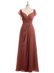 Chiffon Bridesmaid Gown with Slit and Cap Sleeves Terracotta