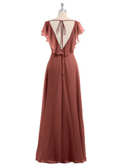 Chiffon Bridesmaid Gown with Slit and Cap Sleeves Terracotta