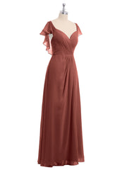 Chiffon Bridesmaid Gown with Slit and Cap Sleeves Terracotta