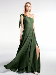 One Shoulder Chiffon Maxi Dress with Cascade Skirt Olive Green