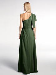 One Shoulder Chiffon Maxi Dress with Cascade Skirt Olive Green