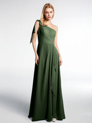 One Shoulder Chiffon Maxi Dress with Cascade Skirt Olive Green