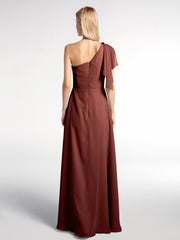 One Shoulder Chiffon Maxi Dress with Cascade Skirt Terracotta
