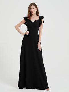 A-line Flutter Sleeves Chiffon Pleated Dress Black