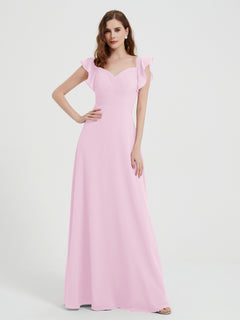 A-line Flutter Sleeves Chiffon Pleated Dress Blushing Pink