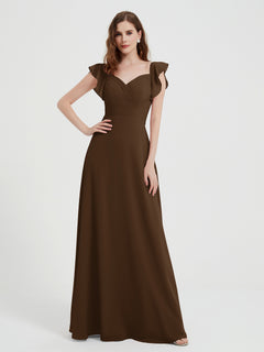 A-line Flutter Sleeves Chiffon Pleated Dress Brown