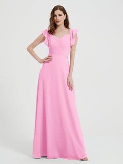 A-line Flutter Sleeves Chiffon Pleated Dress Candy Pink