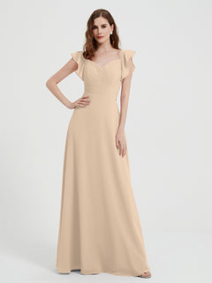 A-line Flutter Sleeves Chiffon Pleated Dress Champagne