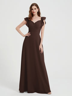 A-line Flutter Sleeves Chiffon Pleated Dress Chocolate