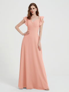A-line Flutter Sleeves Chiffon Pleated Dress Coral