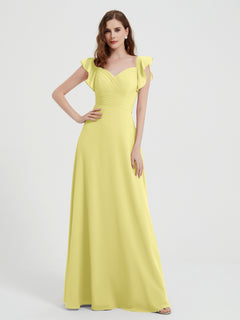 A-line Flutter Sleeves Chiffon Pleated Dress Daffodil