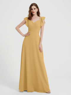 A-line Flutter Sleeves Chiffon Pleated Dress Gold