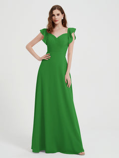A-line Flutter Sleeves Chiffon Pleated Dress Green