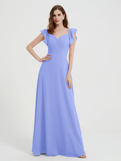 A-line Flutter Sleeves Chiffon Pleated Dress Lavender