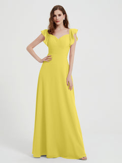A-line Flutter Sleeves Chiffon Pleated Dress Lemon