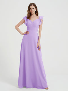 A-line Flutter Sleeves Chiffon Pleated Dress Lilac