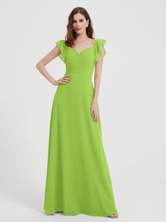 A-line Flutter Sleeves Chiffon Pleated Dress Lime Green