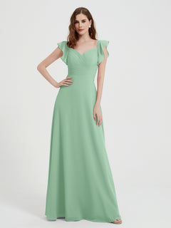 A-line Flutter Sleeves Chiffon Pleated Dress Mint Green