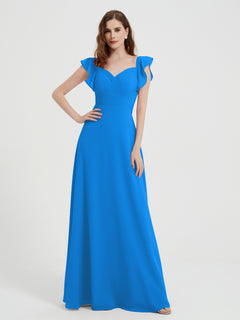 A-line Flutter Sleeves Chiffon Pleated Dress Ocean Blue