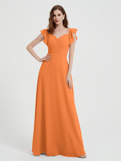 A-line Flutter Sleeves Chiffon Pleated Dress Orange