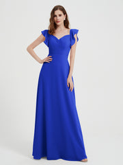 A-line Flutter Sleeves Chiffon Pleated Dress Royal Blue