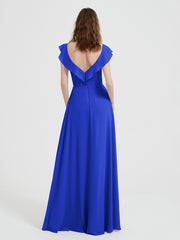 A-line Flutter Sleeves Chiffon Pleated Dress Royal Blue