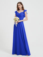 A-line Flutter Sleeves Chiffon Pleated Dress Royal Blue