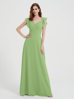 A-line Flutter Sleeves Chiffon Pleated Dress Sage